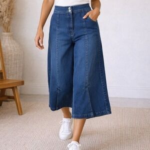 Staples USA Womens Blue Wide Leg Denim Culottes Size 10 High Rise Cropped